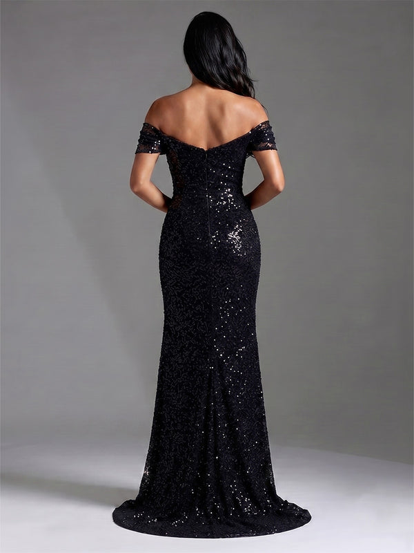 Mermaid/Trumpet Evening Dresses Elegant Sequins Floor-Length Off-The-Shoulder Short Sleeves Side Slit Formal Dresses