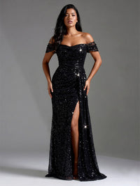 Mermaid/Trumpet Evening Dresses Elegant Sequins Floor-Length Off-The-Shoulder Short Sleeves Side Slit Formal Dresses