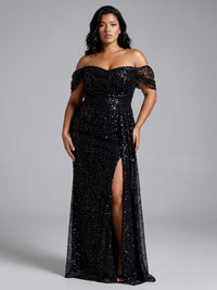 Mermaid/Trumpet Evening Dresses Elegant Sequins Floor-Length Off-The-Shoulder Short Sleeves Side Slit Formal Dresses