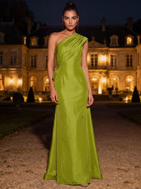 鞘形/直筒晚礼服 塔夫绸 单肩 无袖 及踝 新娘母亲礼服 带后蝴蝶结