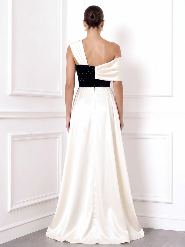 Black Formal Dress Mermaid Dotted Velvet One Shoulder Floor-Length Short Sleeves With Overskirt Evening Gown