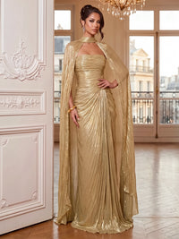 Sheath Evening Gown Luxury Strapless Long Sleeves Floor Length Formal Metallic Runched Evening Dresses Detachable Two Piece Set With Cape Sleeves High Slit
