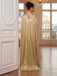 Sheath Evening Gown Luxury Strapless Long Sleeves Floor Length Formal Metallic Runched Evening Dresses Detachable Two Piece Set With Cape Sleeves High Slit