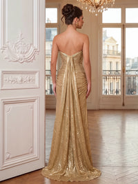 Sheath Evening Gown Luxury Strapless Long Sleeves Floor Length Formal Metallic Runched Evening Dresses Detachable Two Piece Set With Cape Sleeves High Slit