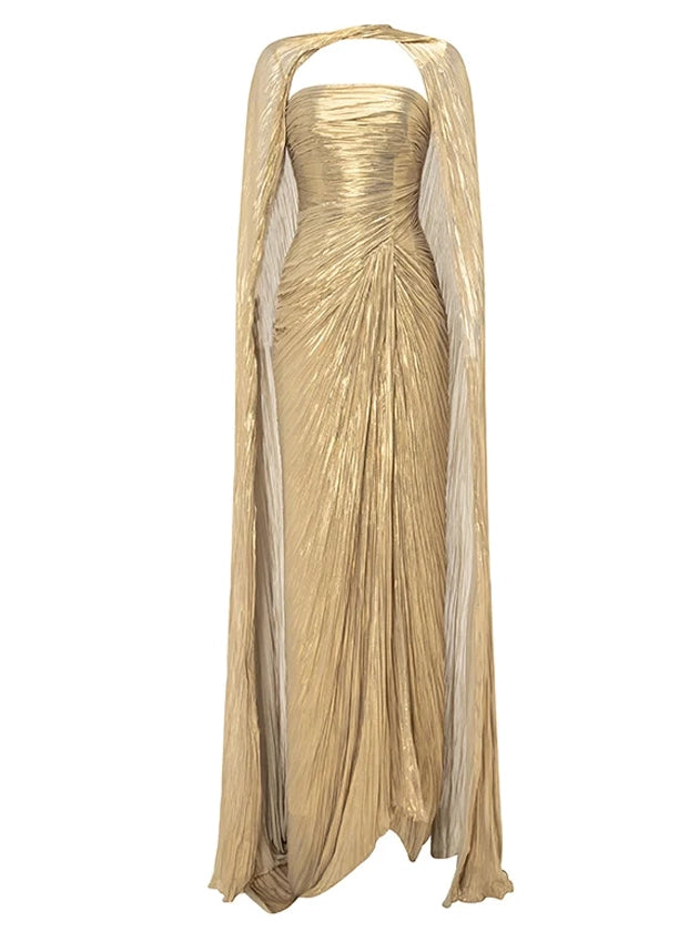 Sheath Evening Gown Luxury Strapless Long Sleeves Floor Length Formal Metallic Runched Evening Dresses Detachable Two Piece Set With Cape Sleeves High Slit