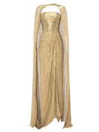 Sheath Evening Gown Luxury Strapless Long Sleeves Floor Length Formal Metallic Runched Evening Dresses Detachable Two Piece Set With Cape Sleeves High Slit