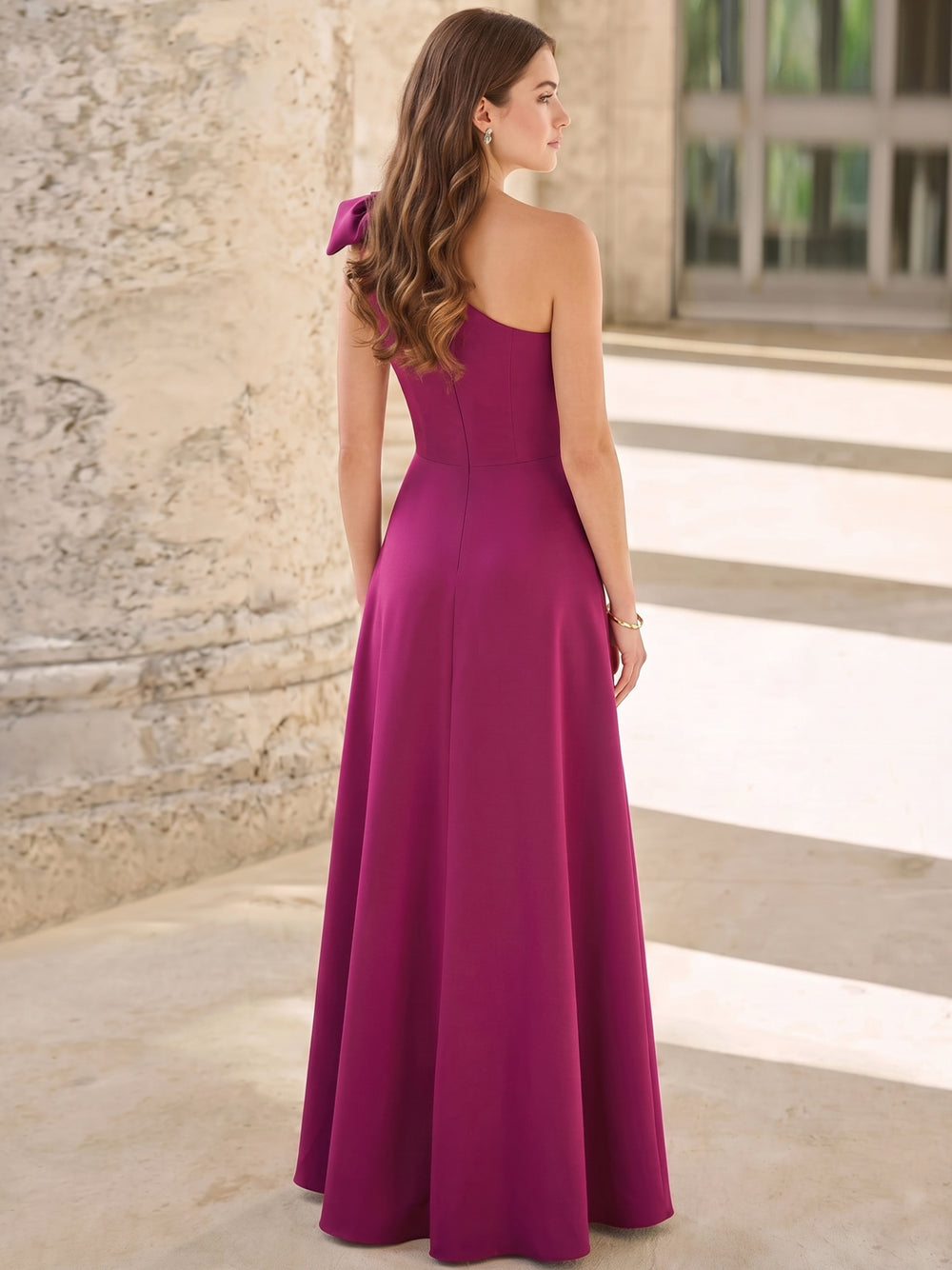 A-Line Evening Dress Party Elegant One Shoulder  Floor-Length Sleeveless Satin With Flower Pocket