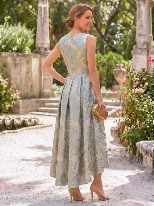 A-Line Mother Of The Bride Dresses Elegant Formal Dress Cocktail Dresses Jacquard Boat Neck Sleeveless Ankle-Length Pockets Zipper Wedding Guest
