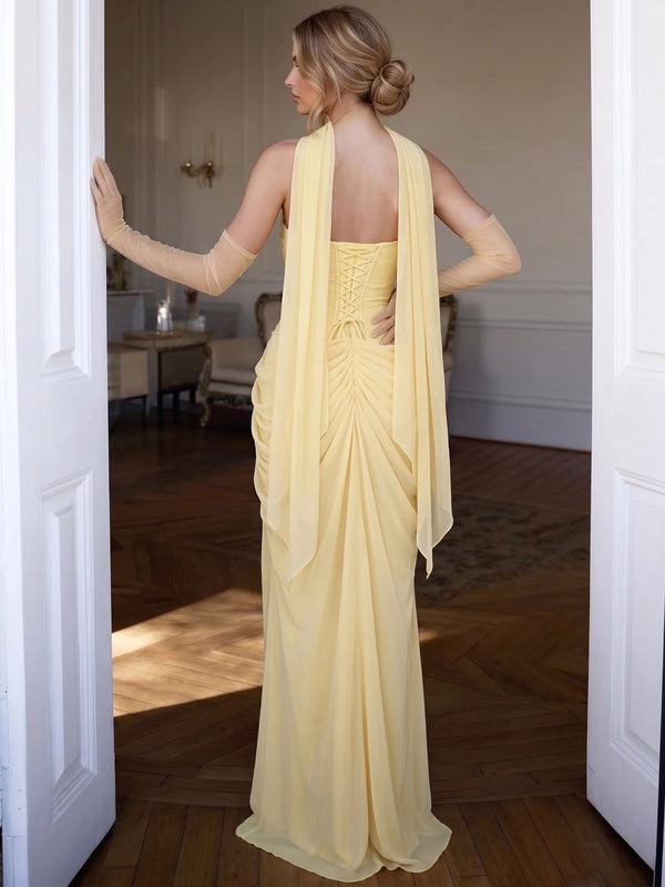 A-Line/Princess Evening Dresses Chiffon Strapless Sleeveless Floor-Length Side Split With Pleats Scarf Lace-Up