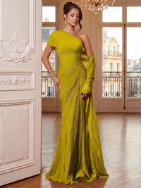 Sheath/Column Evening Dresses Chartreuse Chiffon One Shoulder Sleeveless Floor-Length Ruched  Draped Summer  Wedding Guest Dresses