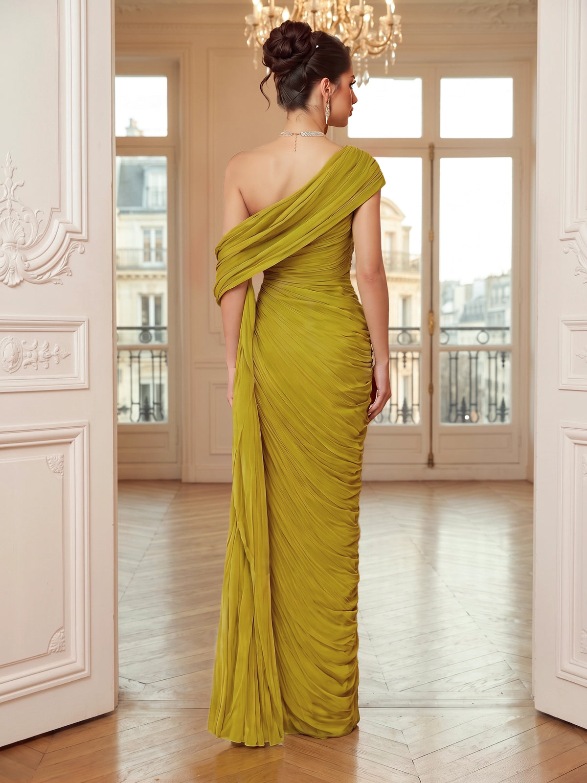 Sheath/Column Evening Dresses Chartreuse Chiffon One Shoulder Sleeveless Floor-Length Ruched  Draped Summer  Wedding Guest Dresses