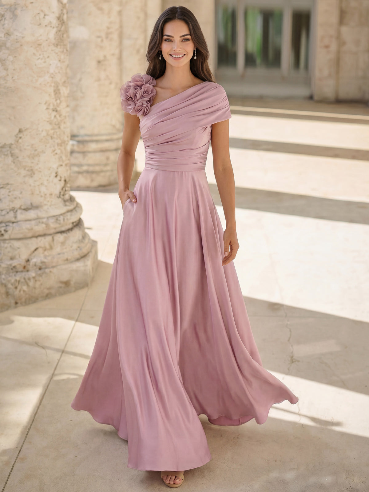 Nafori Dusty Pink A-Line FOrmal Dress One Shoulder Floor-Length Sleeveless Chiffon Ruched Bridesmaid With 3D Flower Pocket 2026