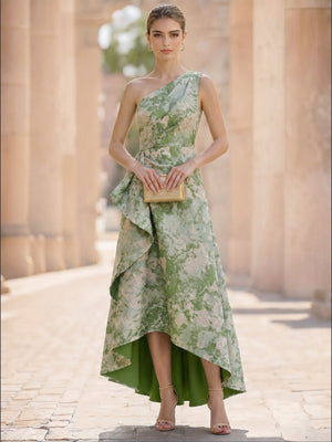 A-Line Cocktail Dresses Elegant Formal Dress Jacquard One-Shoulder Ruffles Corset Sleeveless Ankle-Length Zipper Wedding Guest