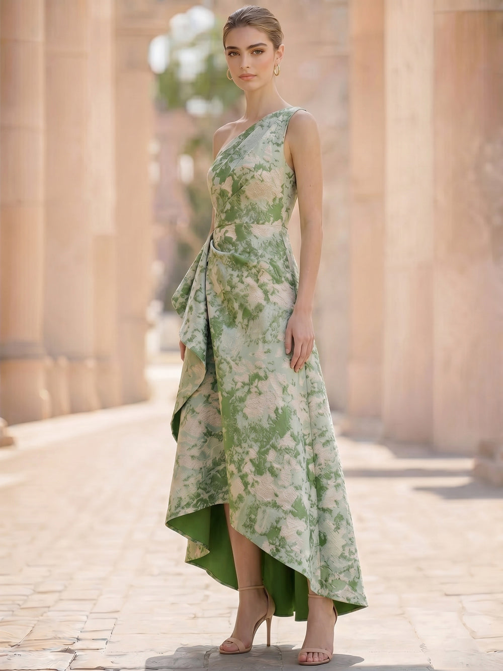 A-Line Cocktail Dresses Elegant Formal Dress Jacquard One-Shoulder Ruffles Corset Sleeveless Ankle-Length Zipper Wedding Guest