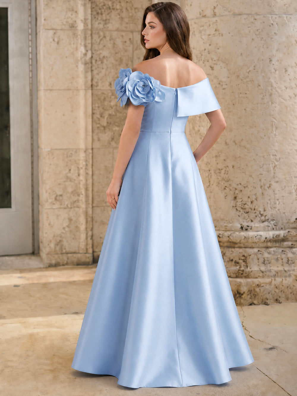 A-Line/Princess Evening Dress Elegant Blue Formal Off The Shoulder Floor-Length Sleeveless Satin Party Gown With Flower Pocket