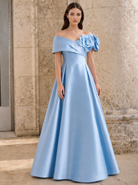 A-Line/Princess Evening Dress Elegant Blue Formal Off The Shoulder Floor-Length Sleeveless Satin Party Gown With Flower Pocket