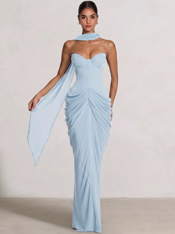 Sheath/Column Evening Dresses Strapless Sleeveless Floor-Length With Scarf Pleats Boning Lace-Up Formal Dresses