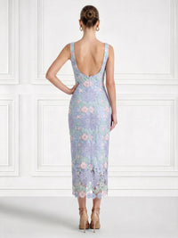 Sheath/Column Cocktail Dresses Elegant Floral Embroidery Tea-Length Sleeveless Square Neck Zipper