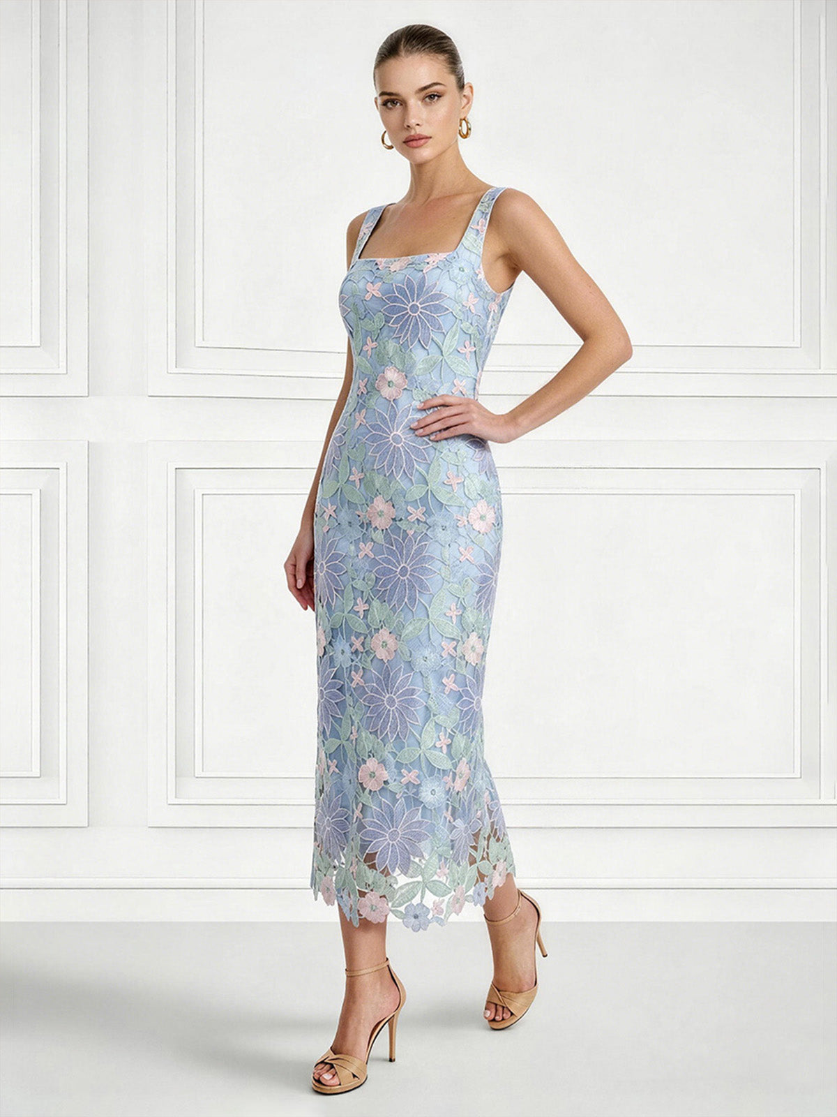 Sheath/Column Cocktail Dresses Elegant Floral Embroidery Tea-Length Sleeveless Square Neck Zipper