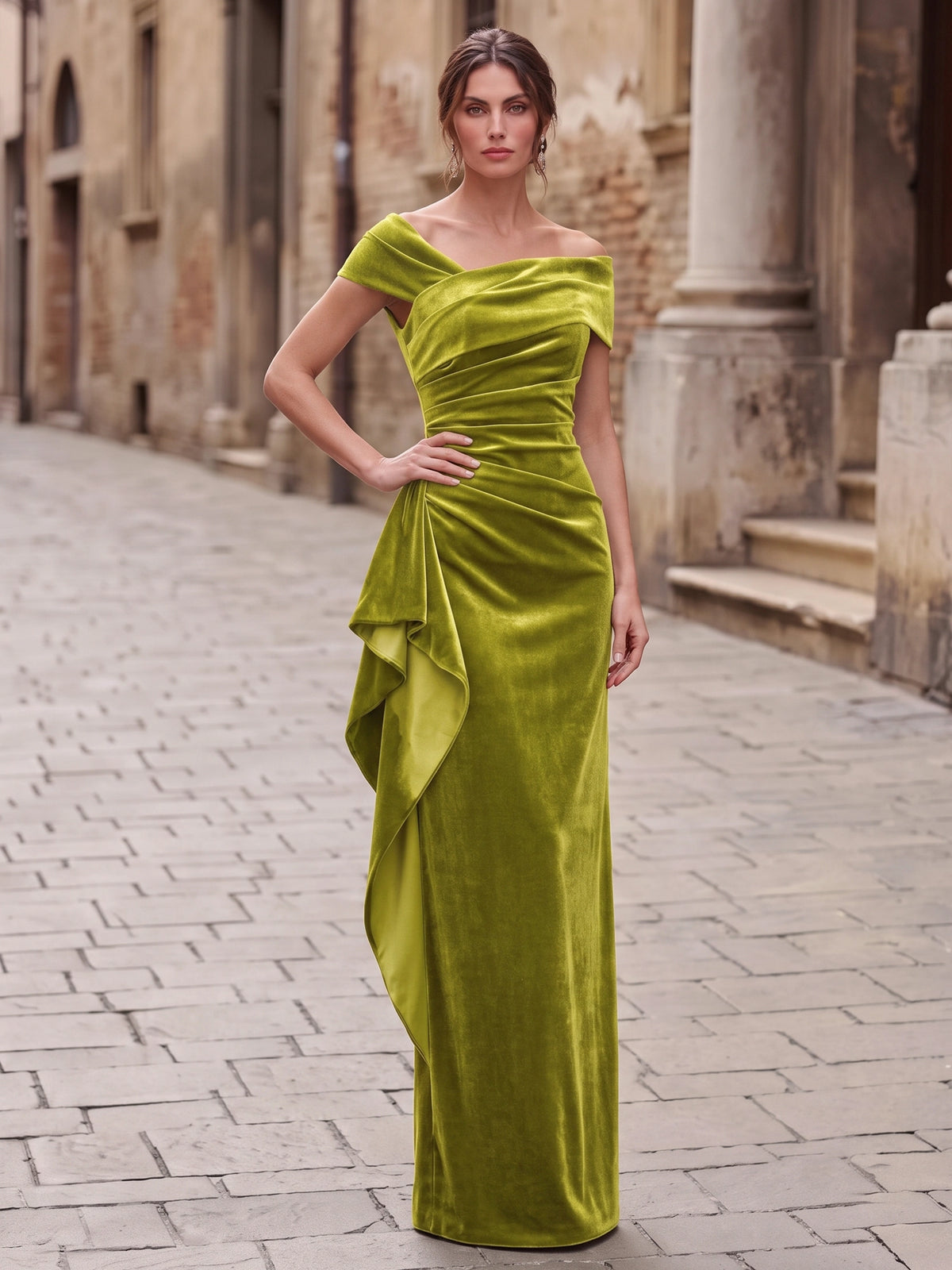 Sheath Velvet Evening Gown Floor Length Off The Shoulder Runched Brown Sleeveless Elegant Formal Wedding Guest Dress With Ruffles