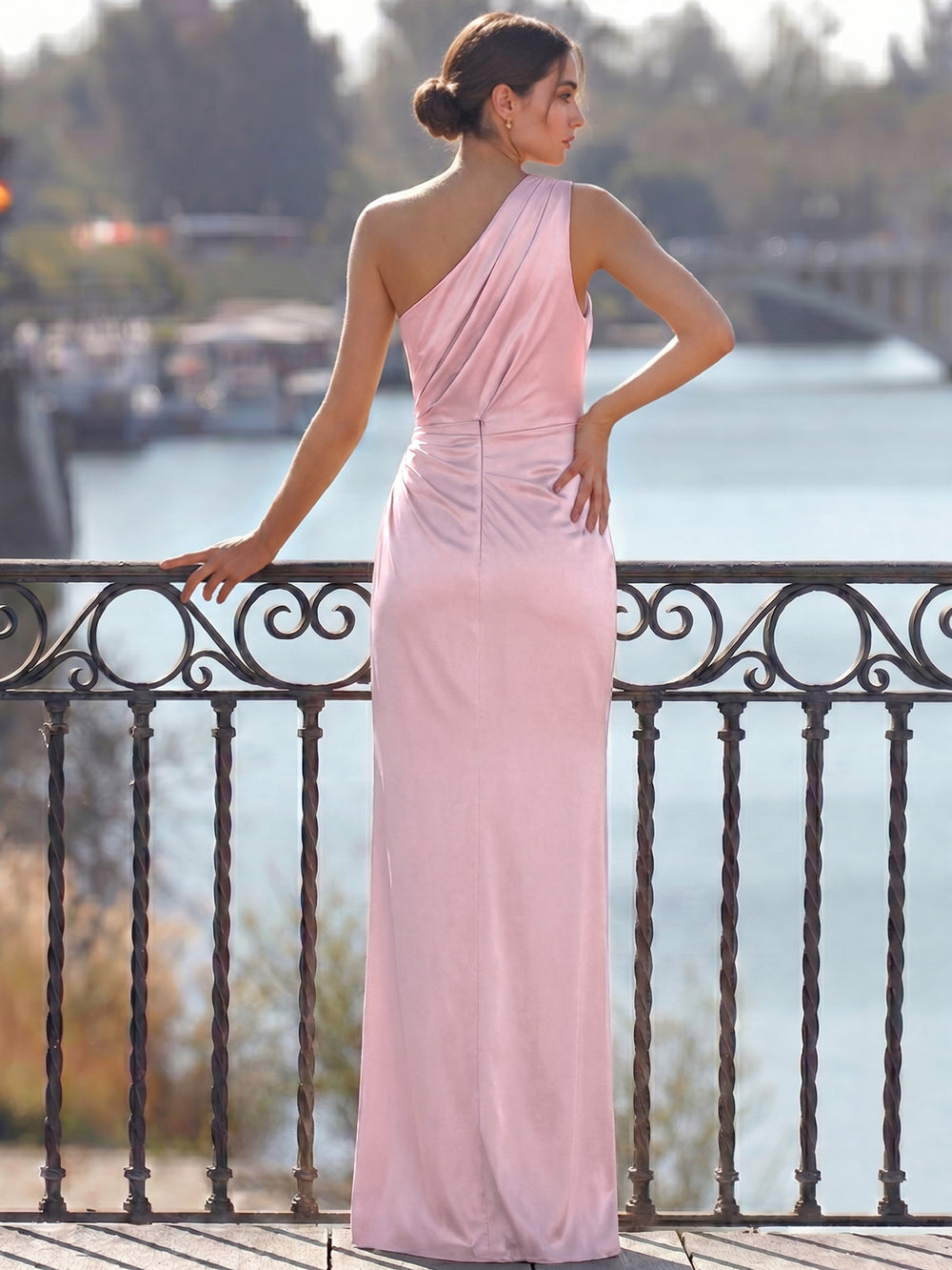 Sheath/Column Evening Dresses Satin Pink Elegant Ruched Floor-Length One-Shoulder Formal Party Dress With Flower