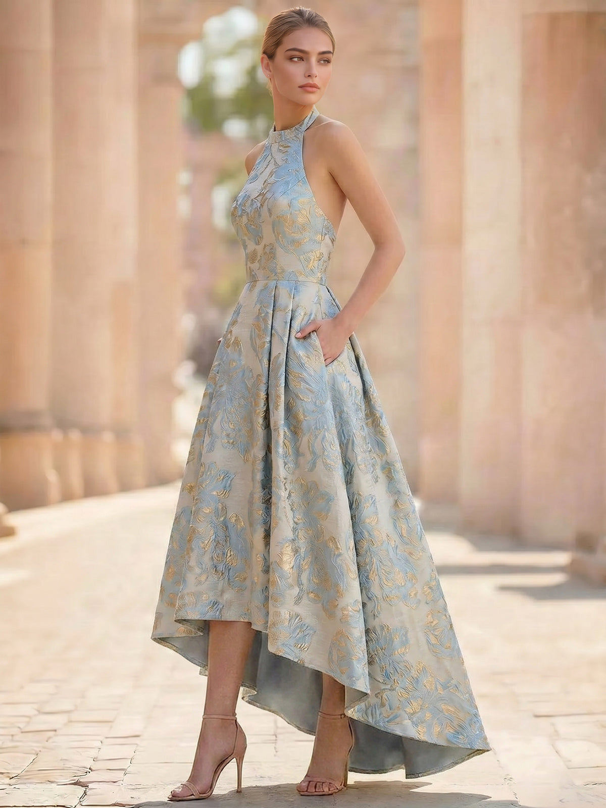A-Line Cocktail Dresses Jacquard Satin Asymmetrical Halter Neck Sleeveless Pleats Backless With Pockets Wedding Guest