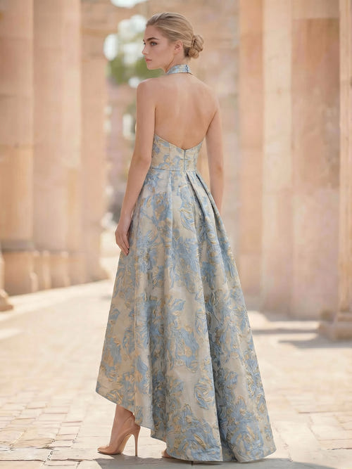 A-Line Cocktail Dresses Evening Dresses Jacquard Satin Asymmetrical Halter Neck Sleeveless Pleats Backless With Pockets Wedding Guest