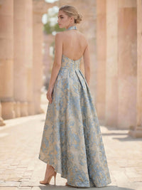 A-Line Cocktail Dresses Jacquard Satin Asymmetrical Halter Neck Sleeveless Pleats Backless With Pockets Wedding Guest