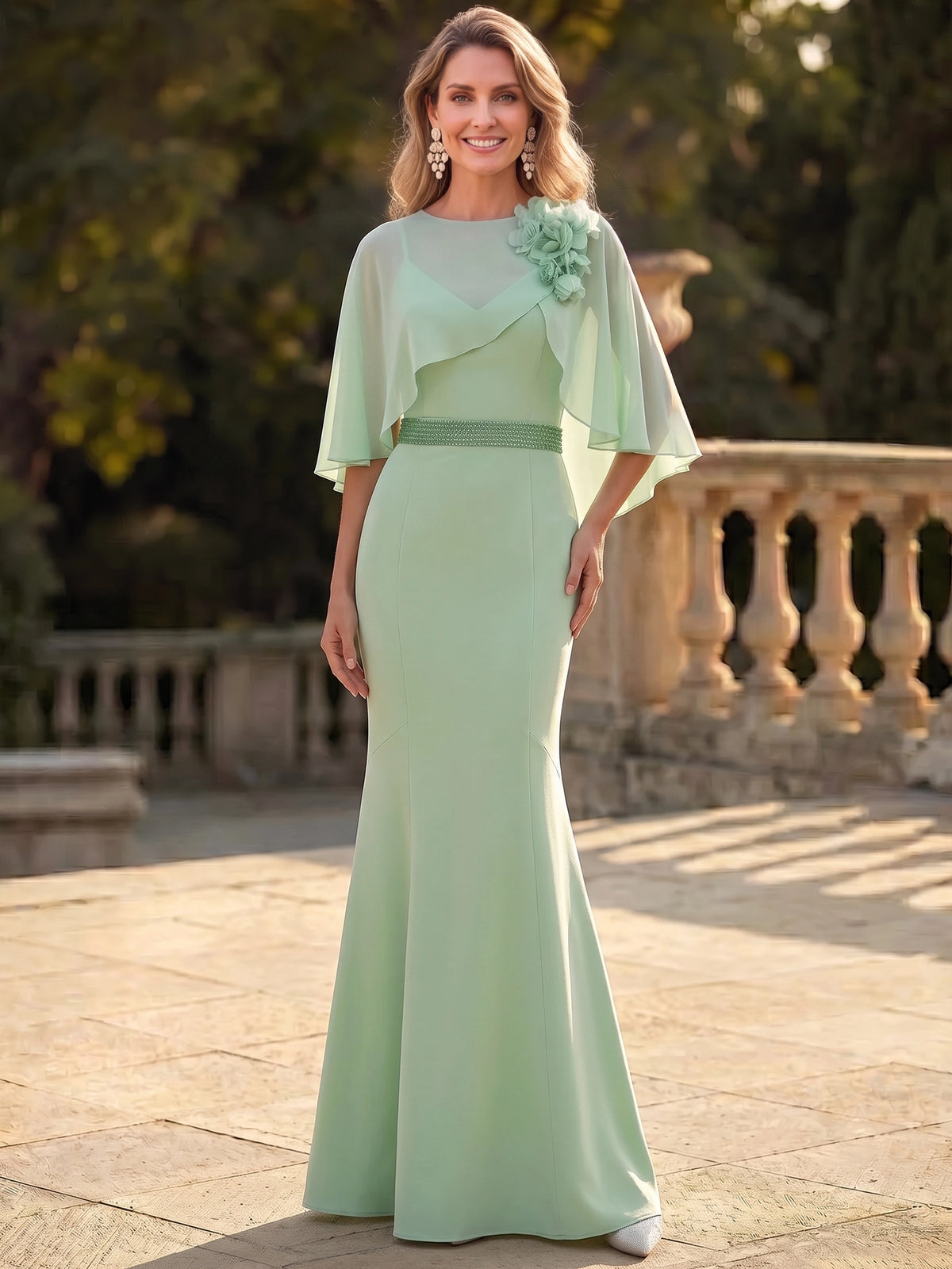 Mermaid Mother Of The Bride Dresses Elegant Chiffon Floor-Length Cape Sleeves Bateau Neck Sash Zipper Wedding Guest Dresses