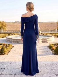 Sheath/Column Mother Of The Bride Dresses Elegant Stretch Chiffon Floor-Length One-Shoulder Long Sleeves Side Slit With Rhinestone Zipper Formal Dresses Wedding Guest