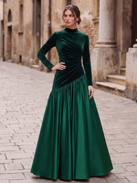 A-Line Velvet Evening Gown Asymmetric Drop Waist Floor Length High Neck Runched Emerald Green Elegant Formal Wedding Guest Dress
