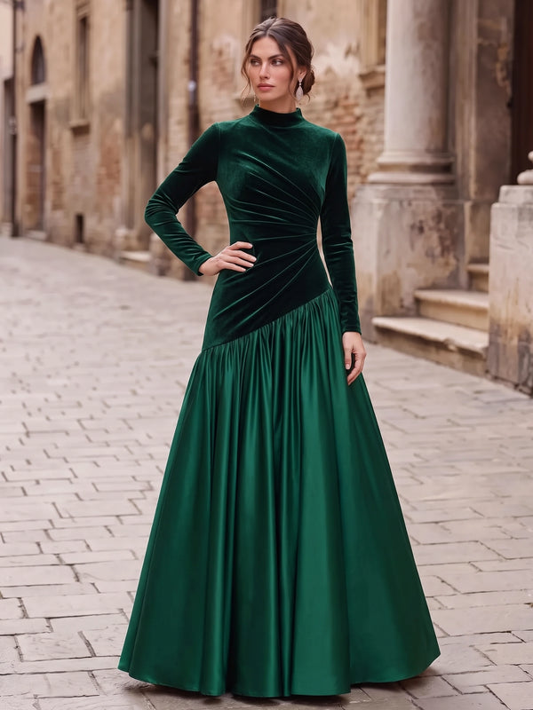 A-Line Velvet Evening Gown Asymmetric Drop Waist Floor Length High Neck Runched Emerald Green Elegant Formal Wedding Guest Dress