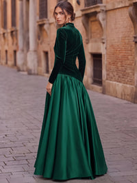 A-Line Velvet Evening Gown Asymmetric Drop Waist Floor Length High Neck Runched Emerald Green Elegant Formal Wedding Guest Dress