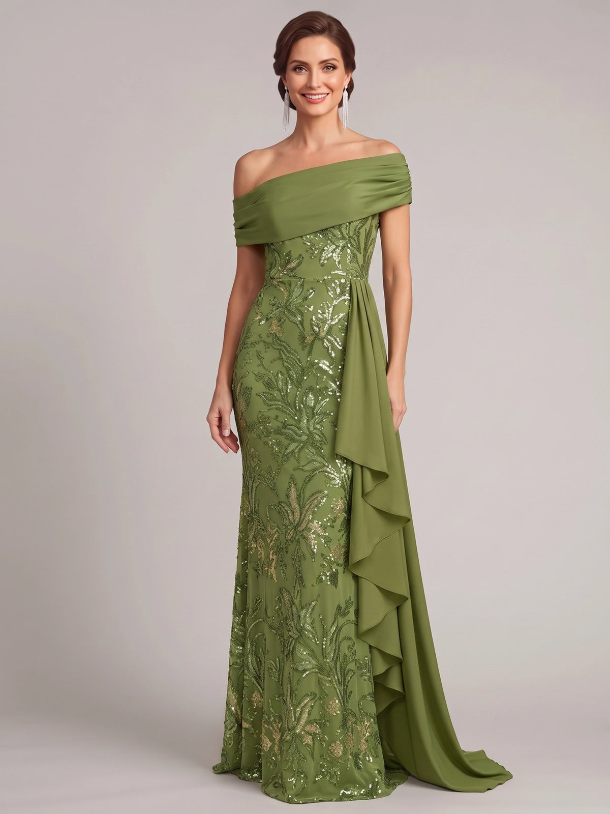 Sheath Mother Of The Bride Dresses Beaded Embroidery Sleeveless Floor-Length One-Shoulder Floral Elegant Formal Wedding Guest Dresses With Ruffles