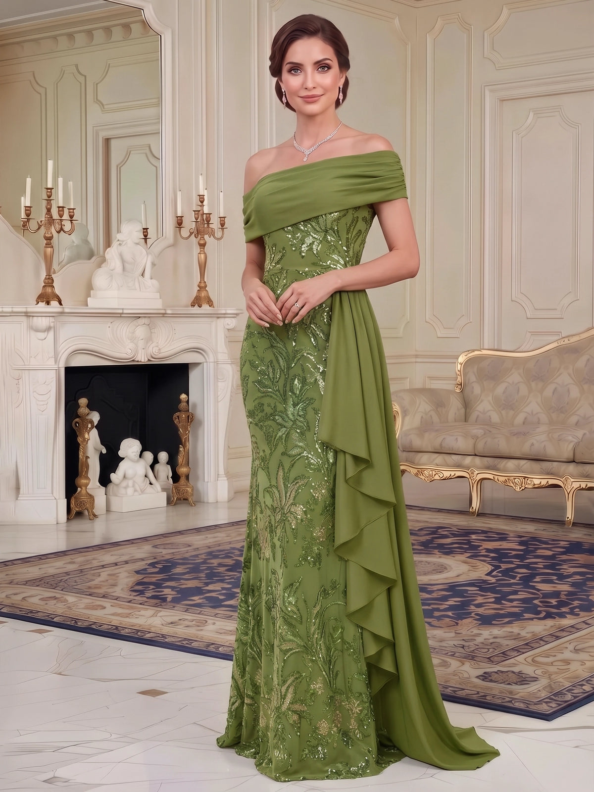 Sheath Mother Of The Bride Dresses Beaded Embroidery Sleeveless Floor-Length One-Shoulder Floral Elegant Formal Wedding Guest Dresses With Ruffles