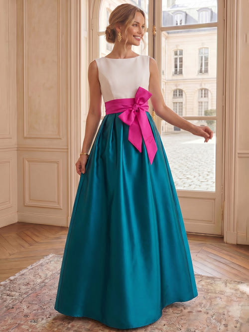 A-Line/Princess Formal Evening Dresses Floor-Length Elegant Color Block Satin Ball Gown Formal Gown with Bowknot