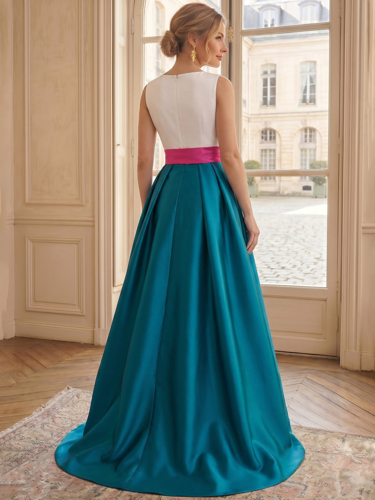 Nafori Fuchsia A-Line/Princess Formal Evening Dresses Floor-Length Elegant Color Block Satin Ball Gown Formal Gown with Bowknot 2026