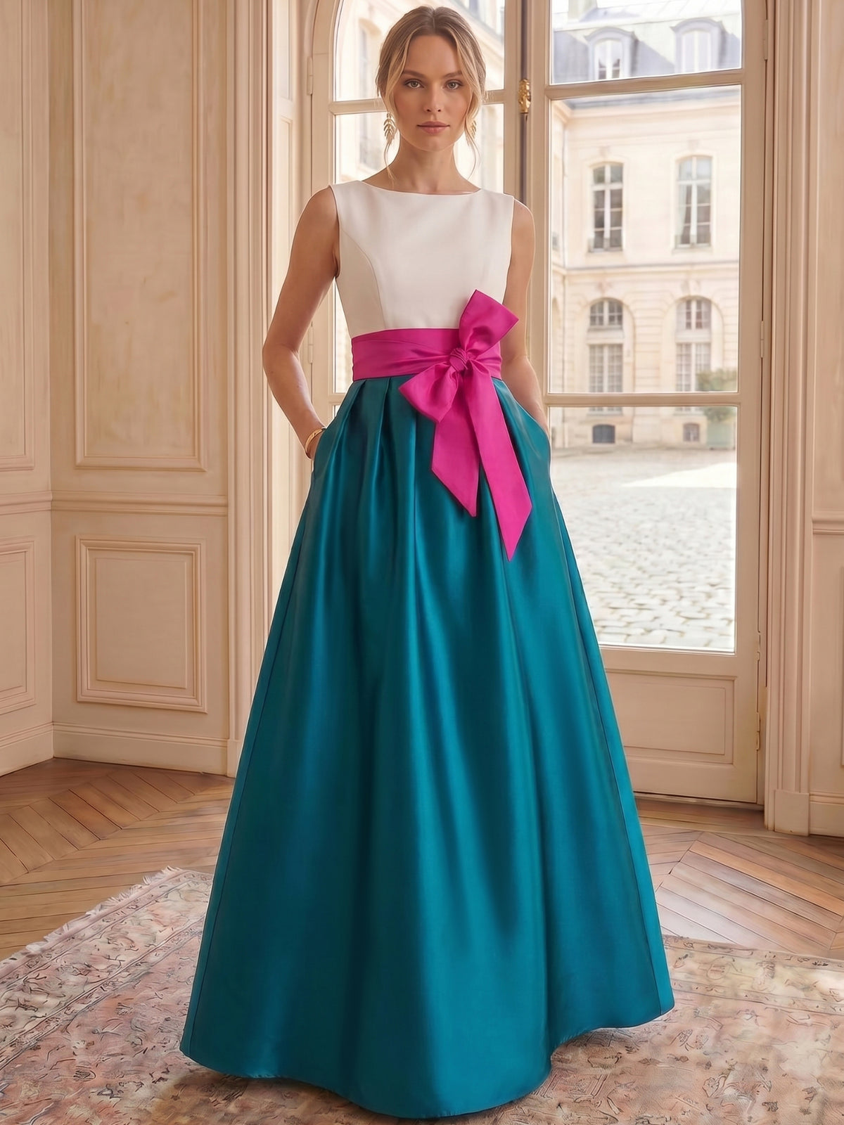 Nafori Fuchsia A-Line/Princess Formal Evening Dresses Floor-Length Elegant Color Block Satin Ball Gown Formal Gown with Bowknot 2026