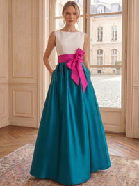 A-Line/Princess Formal Evening Dresses Floor-Length Elegant Color Block Satin Ball Gown Formal Gown with Bowknot