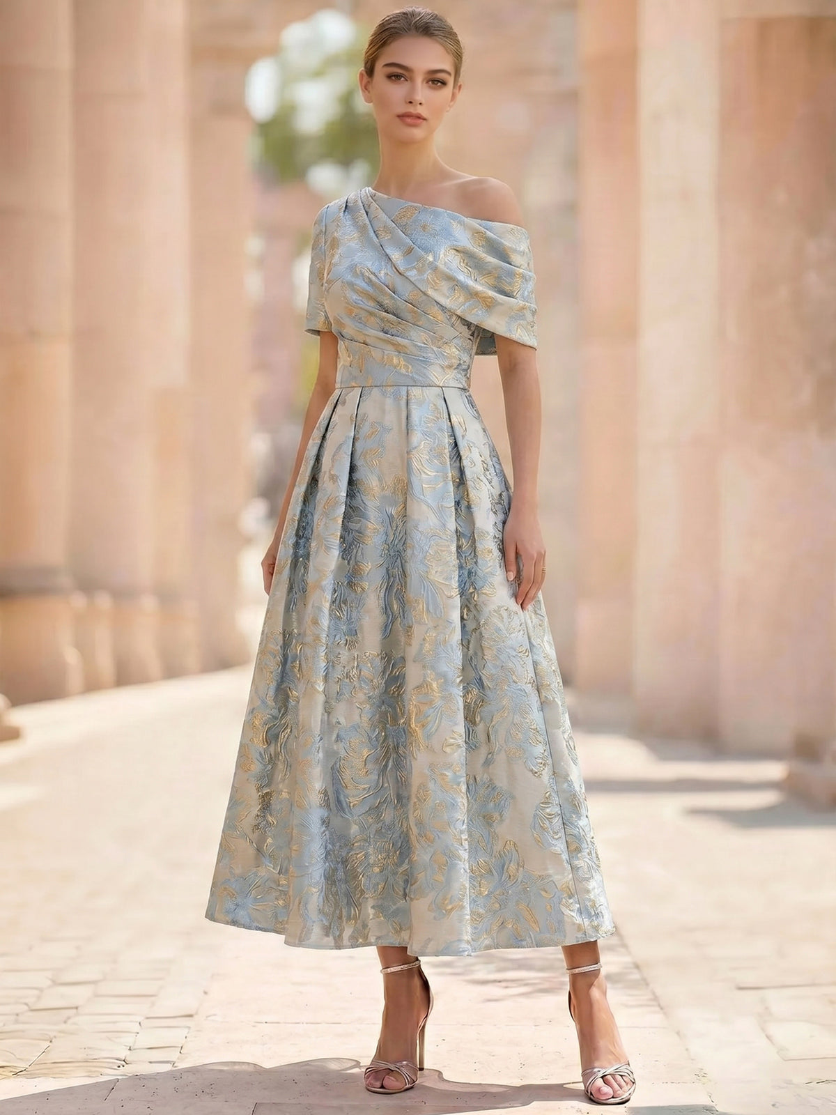 Nafori Dusty Blue A-Line Cocktail Dress Jacquard Satin Ruched One-Shoulder 1/2 Sleeves Formal Elegant Dress Ankle-Length Pockets Wedding Guest 2026