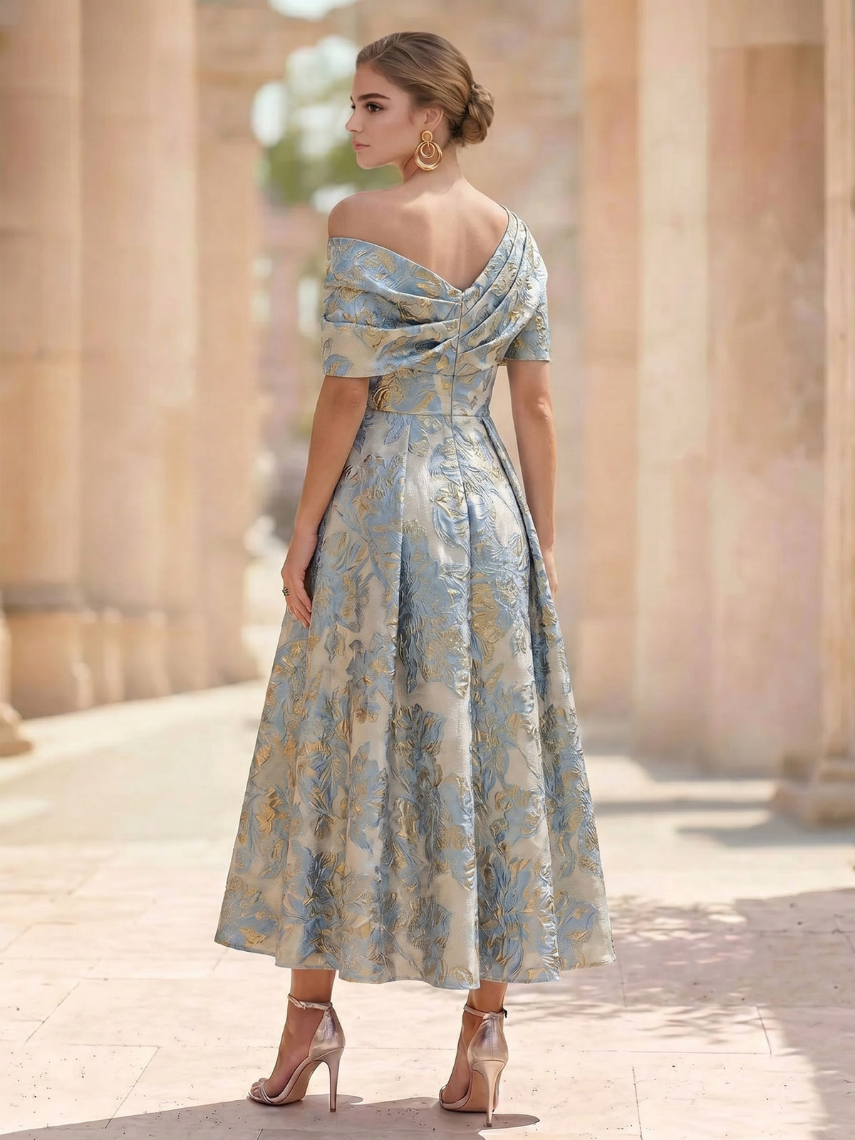 Nafori Dusty Blue A-Line Cocktail Dress Jacquard Satin Ruched One-Shoulder 1/2 Sleeves Formal Elegant Dress Ankle-Length Pockets Wedding Guest 2026