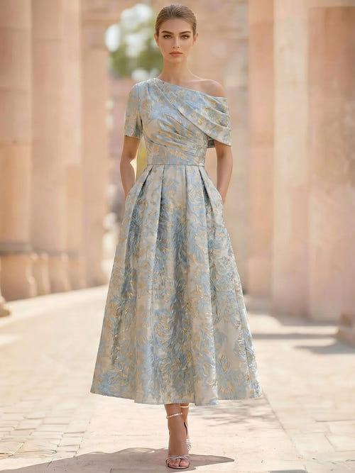 A-Line Cocktail Dress Jacquard Satin Ruched One-Shoulder 1/2 Sleeves Formal Elegant Dress Ankle-Length Pockets Wedding Guest