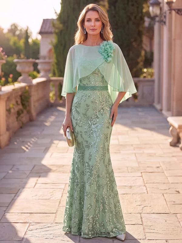 Mermaid Mother Of The Bride Dresses Elegant Chiffon Sequined Floor-Length Cape Sleeves Bateau Neck Sash Wedding Guest Dresses
