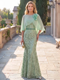 Mermaid Mother Of The Bride Dresses Elegant Chiffon Sequined Floor-Length Cape Sleeves Bateau Neck Sash Wedding Guest Dresses