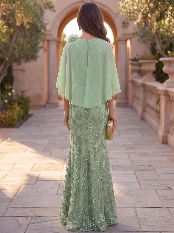 Mermaid Mother Of The Bride Dresses Elegant Chiffon Sequined Floor-Length Cape Sleeves Bateau Neck Sash Wedding Guest Dresses