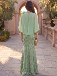 Mermaid Mother Of The Bride Dresses Elegant Chiffon Sequined Floor-Length Cape Sleeves Bateau Neck Sash Wedding Guest Dresses