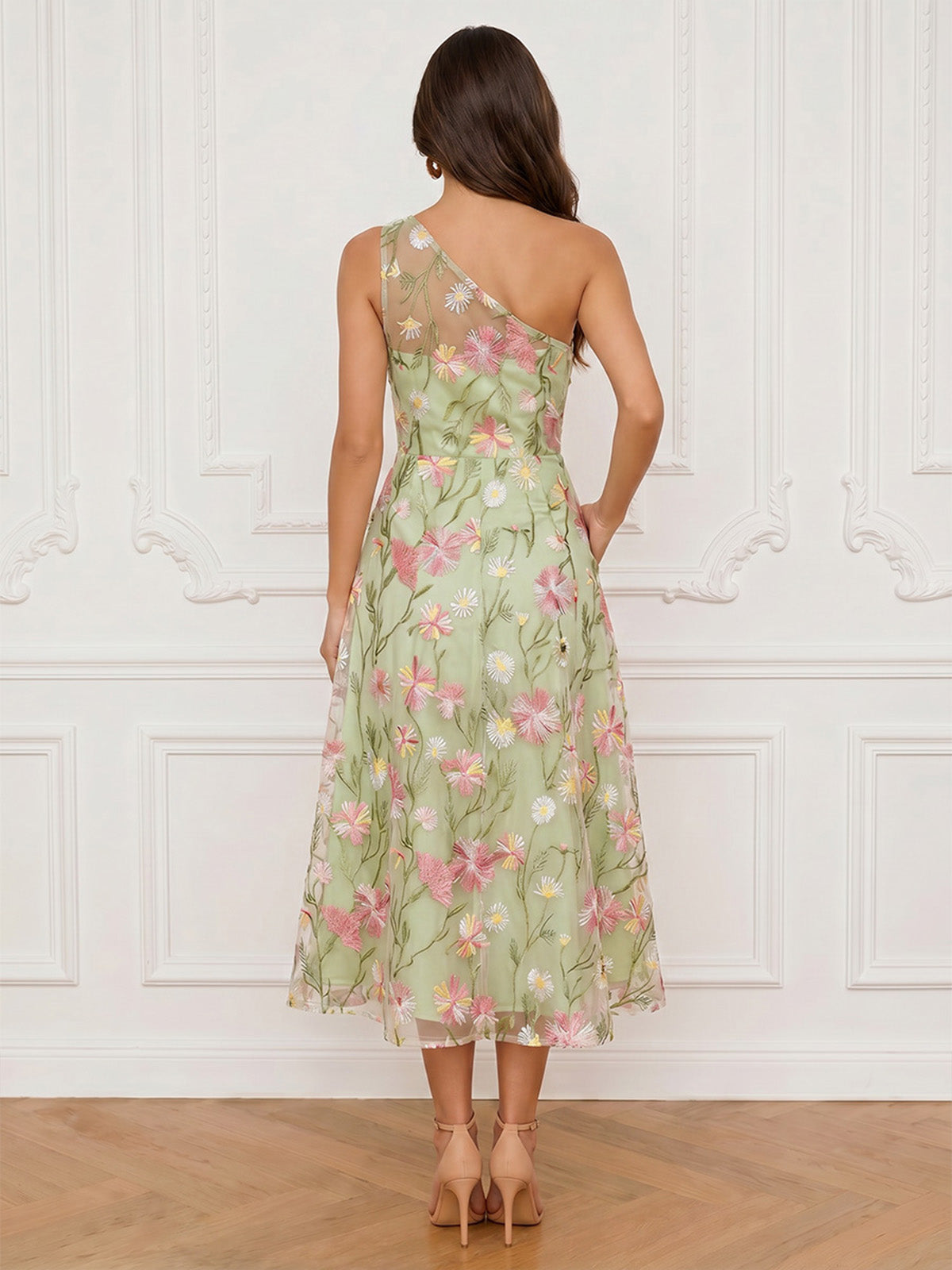 A-Line Cocktail Dresses Elegant Floral Appliques Tea-Length Sleeveless One-Shoulder Pockets Party Dresses
