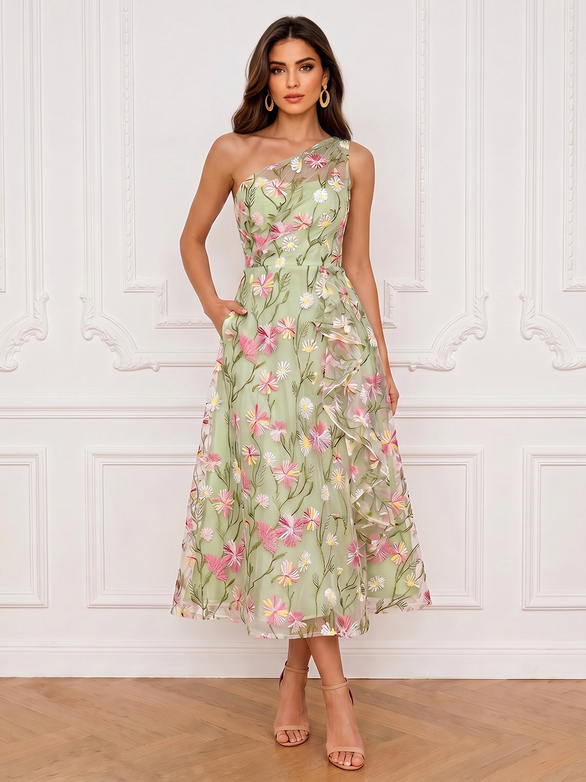 A-Line Cocktail Dresses Elegant Floral Appliques Tea-Length Sleeveless One-Shoulder Pockets Party Dresses