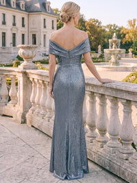 Sheath/Column Mother Of The Bride Dresses Elegant Metallic Floor-Length Off-The-Shoulder Short Sleeves Zipper Evening Dresses Wedding Guest