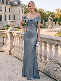 Sheath/Column Mother Of The Bride Dresses Elegant Metallic Floor-Length Off-The-Shoulder Short Sleeves Zipper Evening Dresses Wedding Guest